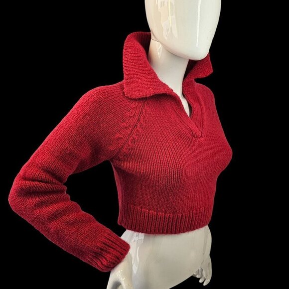 Zara Pink Cropped Cable Knit Sweater V Neck Collared Long Slv Womens XS Pink NEW - Picture 5 of 7